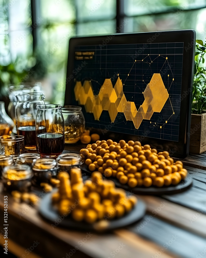 Poster honeycomb-patterned data displayed on screen beside various honey-based products arranged on wooden 