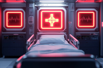 Obraz premium Futuristic hospital room with neon lights and medical equipment for advanced care.