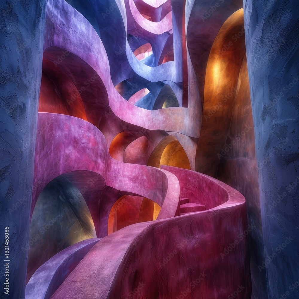 Poster a stunning display of abstract architecture featuring winding pathways and vibrant hues. the intrica