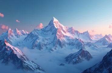 3D illustration of Everest mountain range covered with snow, glaciers. Blue sky with pink clouds. Winter mountain landscape background. Adventure travel, hiking, trekking in Nepal, Himalaya region.