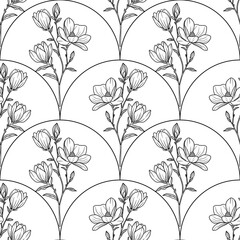 A vector seamless floral pattern featuring delicate line-drawn magnolia flowers and buds arranged in a reflected arch shape. The background is white