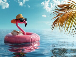 Tropical Vacation Scene with Pink Flamingo Float, Sunglasses, Beach Hat, Palm Leaf and Calm Ocean