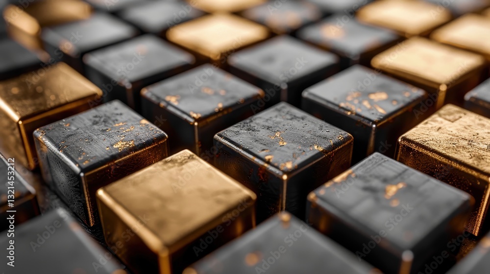 Poster cubes with black and golden surfaces are closely aligned showcasing their textural details and refle