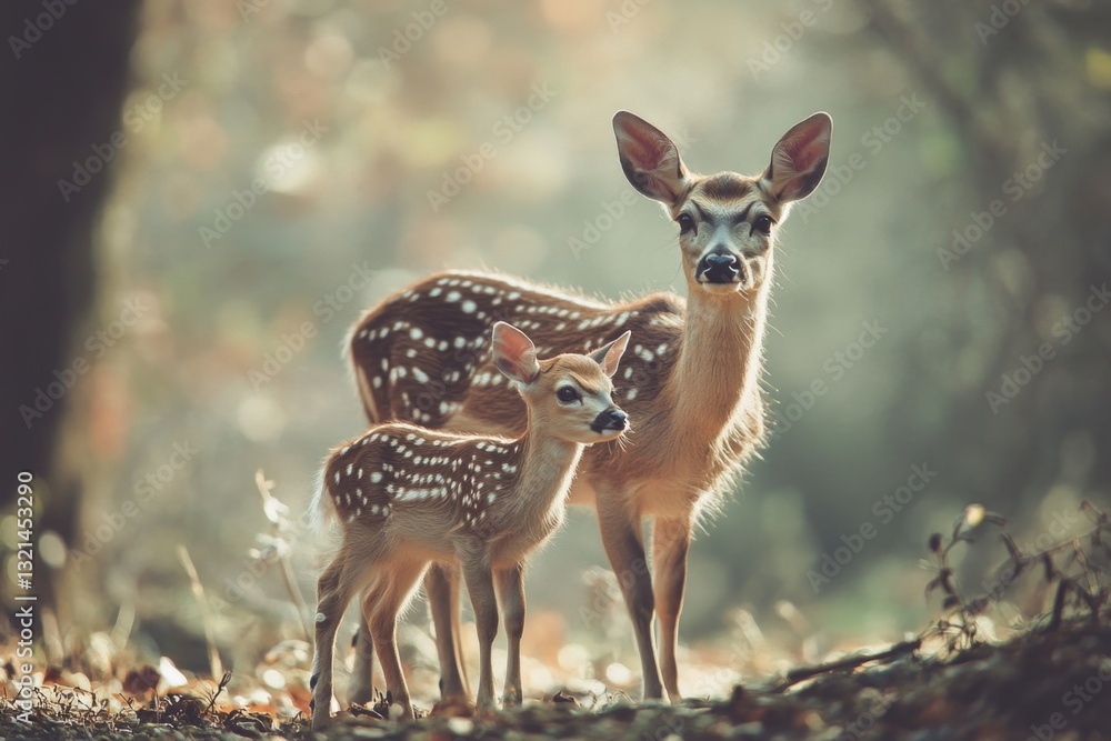 Poster two deer stand close by each other in a serene environment