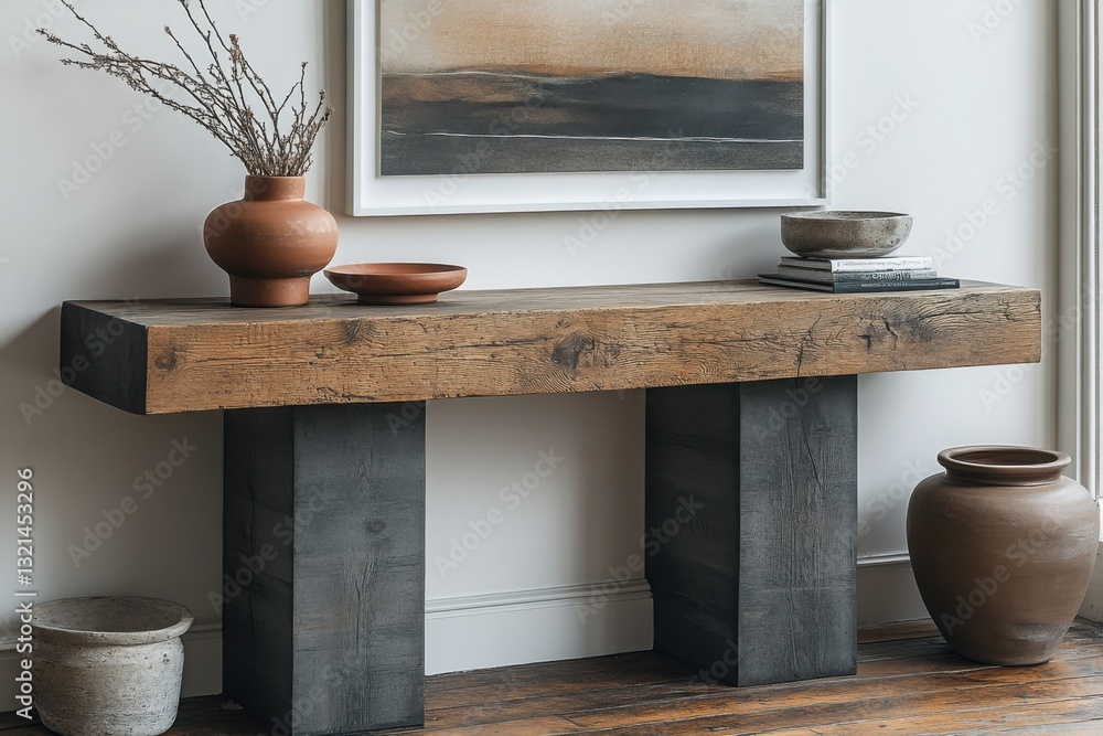 Poster rustic console table with wood top and dark base styled with vases and a painting