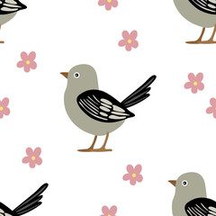A vector seamless pattern featuring cute cartoon birds and pink flowers on a white background. The birds are gray with black wings and brown legs, while the flowers are simple and stylized.