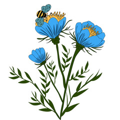 A vector vibrant illustration of blue flowers with a bee perched on one of the blooms. The flowers have yellow centers and green leaves, creating a lively botanical scene.