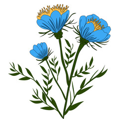 A vector vibrant illustration of blue flowers with yellow centers, accompanied by green leaves. The design features three flowers of varying sizes, showcasing a natural and artistic style.