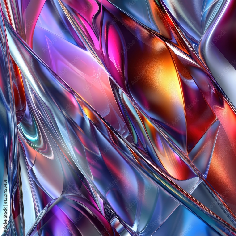 Poster vibrant colorful shapes intertwine in an abstract display reflecting and refracting light in a capti