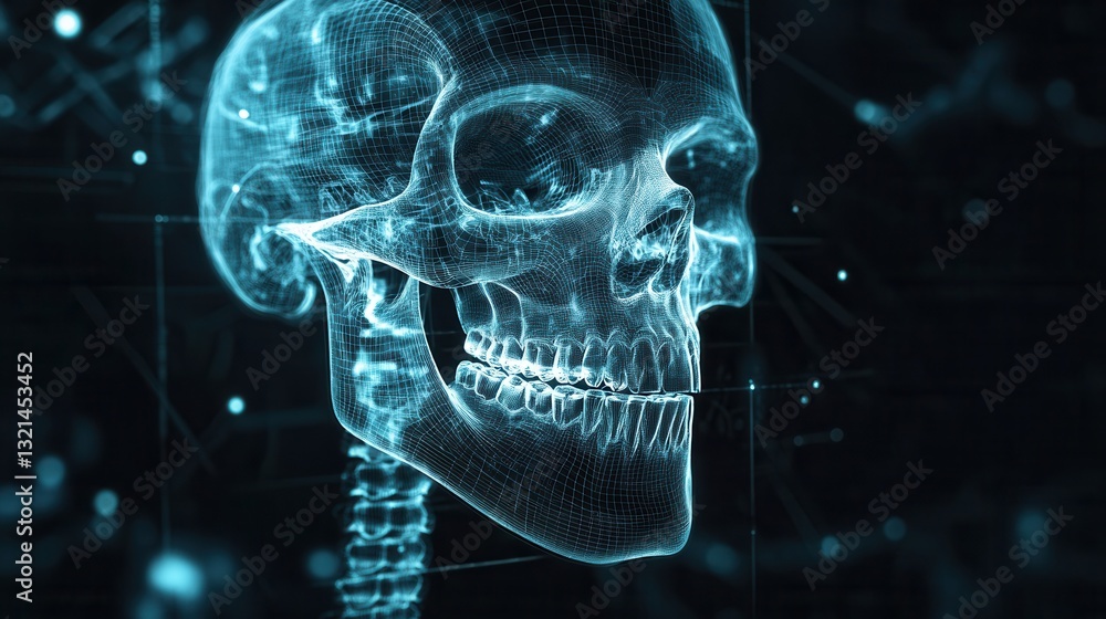 Poster detailed blueprint of a jawbone with implants and glowing skeletal outlines in a dark medical contex