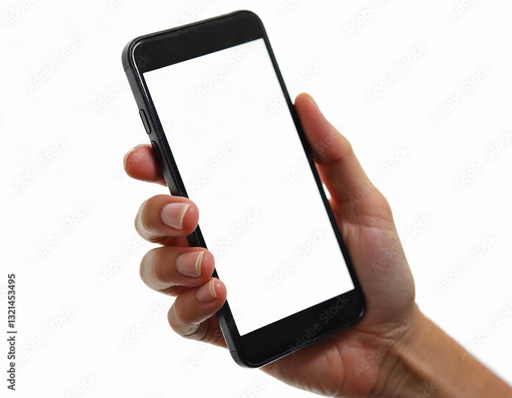 Poster hand holds black smartphone with blank white screen isolated on transparent background. woman uses c