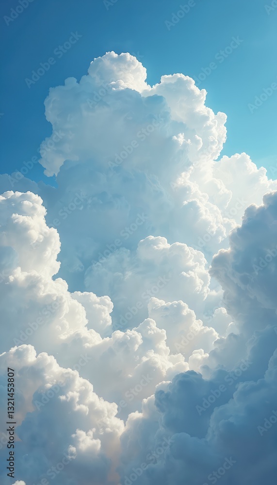 Aufkleber Fluffy white clouds against bright blue sky. The sky scene with cloudscape is peaceful and serene, airy and soft. Cumulus floating creating an atmosphere of calm and freedom.