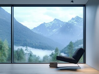 Minimalist Scandinavian Living Room with Mountain View and Black Chair
