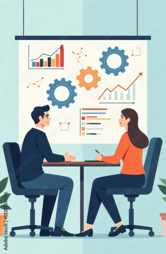 Poster two business professionals engage in a strategic discussion at a round table. they analyze charts an