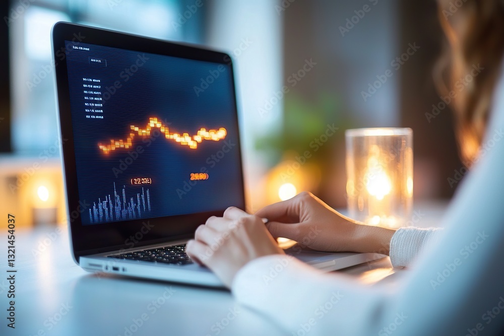 Poster a person working on a laptop displaying data analysis with a candle in the background.