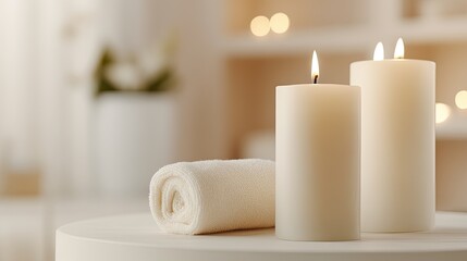 Candles illuminate soft towels arranged neatly on a table in a tranquil massage salon, creating a perfect atmosphere for relaxation