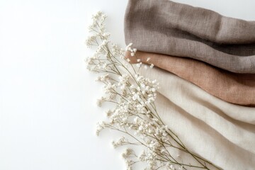 Elegant Neutral Linen Fabric Textures with Delicate Baby s Breath Flowers