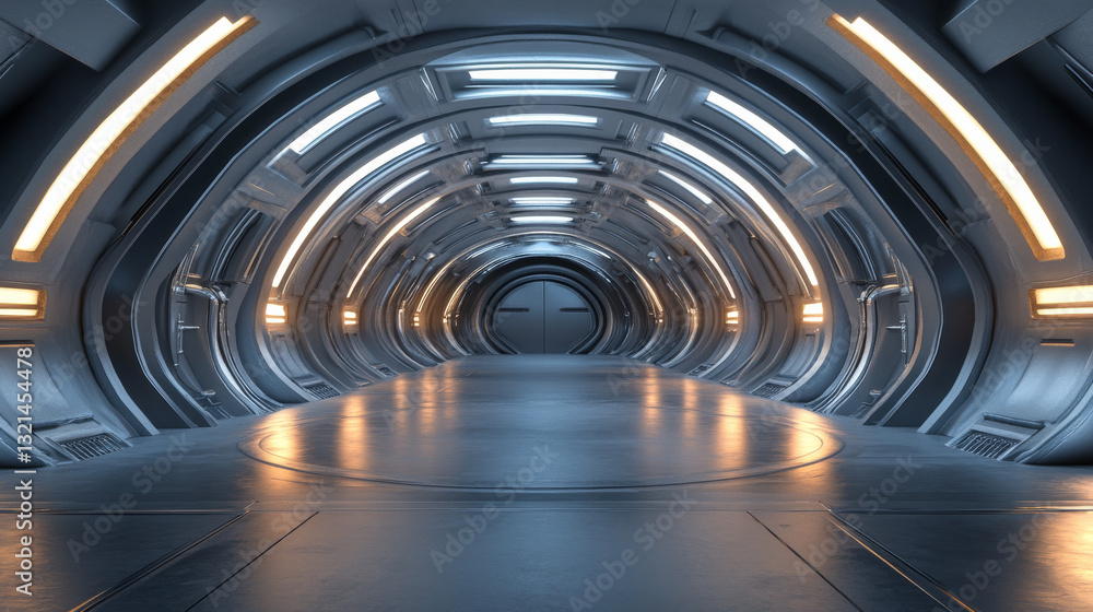 Poster a 3d-rendered depiction of a futuristic architectural structure with radiant lighting, set against a