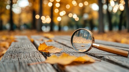 Autumn Park Magnifying Glass on Wooden Bench with Golden Bokeh