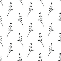 A vector seamless pattern featuring delicate black line drawings of slender stems with small leaves and buds on a white background.