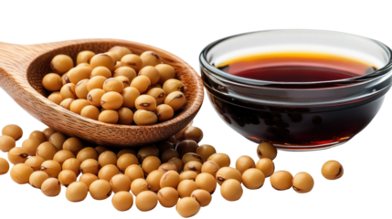 Soybeans and Sauce: Fresh soybeans spill from a wooden spoon beside a bowl of rich soy sauce. A culinary shot