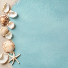Calm aquamarine shoreline background with scattered seashells and starfish creating a relaxing coastal summer frame
