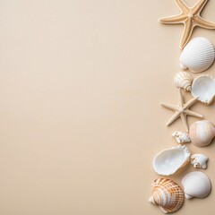 Seashells and starfish on a beige sand background, top view, summer concept