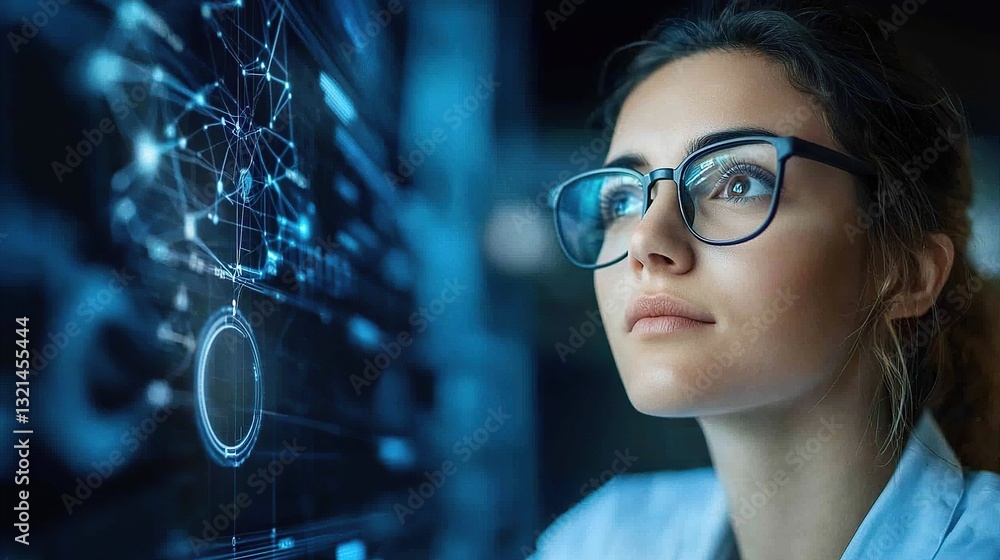Poster focused woman analyzing digital data on a screen with a futuristic interface.
