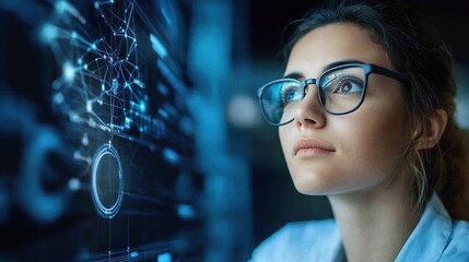 Focused woman analyzing digital data on a screen with a futuristic interface.
