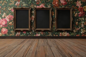 Vintage ornate empty picture frames on dark decorative wall background