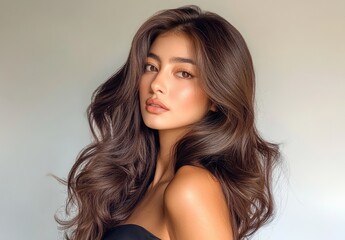Fototapeta premium A beautiful woman with long, wavy brown hair in an elegant hairstyle and high waves. The beautiful girl is posing on a gray background
