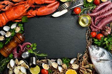 Set Fish and seafood. Top view. healthy food, diet or cooking concept.