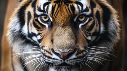 Fototapeta premium Close-up portrait of a tiger looking directly at the camera with striking eyes and detailed fur against a blurred background