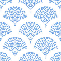 Scallop shape dotted seamless pattern. Monochromatic blue wavy dots on white background. Hand drawn raster illustration for fabric, packaging, textile, apparel, wallpaper