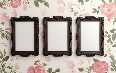 Obraz premium Three empty ornate picture frames on floral wallpaper