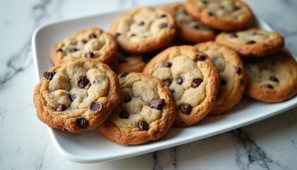 Assortment of vegan chocolate chip cookies arranged on rectangular plate. Sweet, delicious homemade snack treat. Baked fresh, gold colors. Comforting epicure display. Perfect treat for holidays, kids