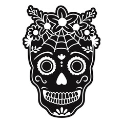 Fototapeta premium Festive Skull: An eye-catching, monochrome depiction of a beautifully decorated skull, adorned with floral elements and intricate web details, symbolizing the vibrant spirit of celebration.