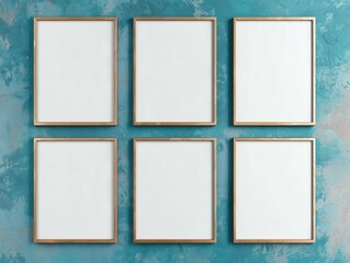 Mid-century wall with 6 empty metallic frames.