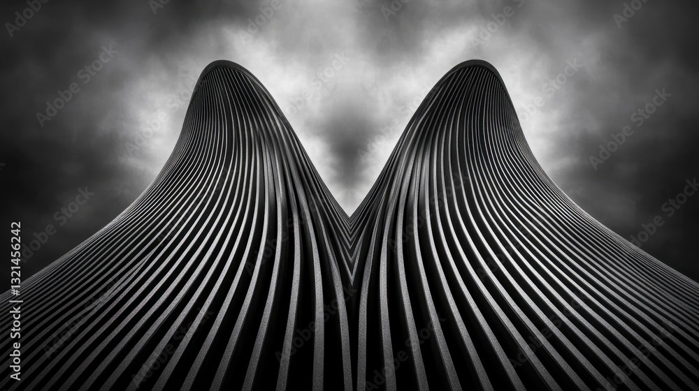 Poster abstract black and white image of two symmetrical, textured mountains against a cloudy sky. the moun