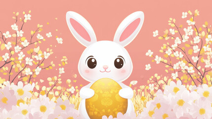 Obraz premium Cute bunny holding golden egg in floral spring setting