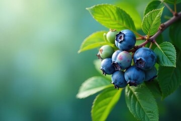 Ripe Blueberries on a Branch with Lush Green Foliage in Soft Sunlight