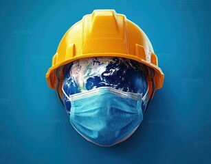 Earth with Safety Helmet and Medical Mask, Symbol of Health and Safety at Work