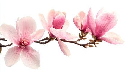 Naklejka premium Pink Magnolia Blossoms on Branch Against White Background
