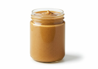 An open glass jar of smooth peanut butter ready to be enjoyed on a sandwich or with a spoon.
