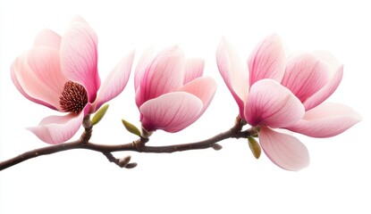 Naklejka premium Pink Magnolia Blossoms on Branch Against White Background