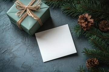 Obraz premium Minimalistic Christmas Card Mockup with Gift Box and Pine Branches on Concrete Background