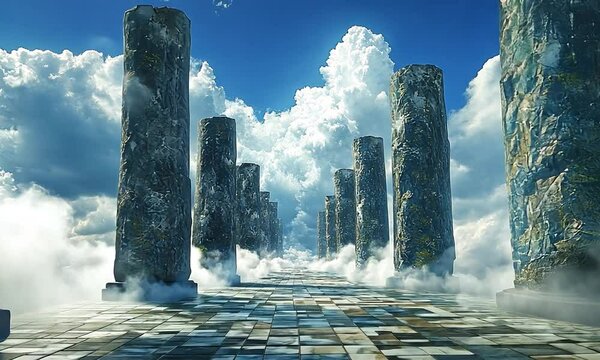 Majestic ancient pillars rise amidst fluffy clouds under a bright blue sky, creating a serene atmosphere