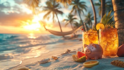 Saving Money for a Tropical Honeymoon Vacation at the Beach with a Cute Pink Piggy Bank and Colorful Tropical Drinks