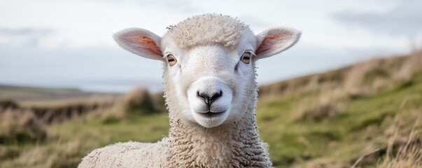 Obraz premium A closeup portrait of a young lamb looking directly at the camera