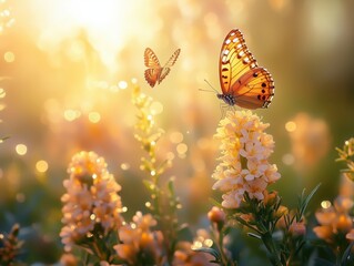 Beautiful summer morning landscape with flowering plants in the rays of the rising sun with morning dew and flying butterflies